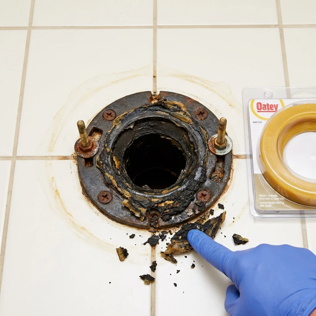 Failed wax ring showing water seepage at the base of a toilet in a Cape Girardeau, MO home
