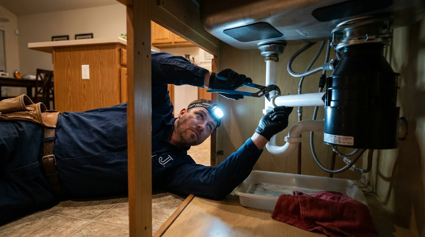 P-trap and supply line connections under a kitchen sink showing a common leak point in Cape Girardeau, MO